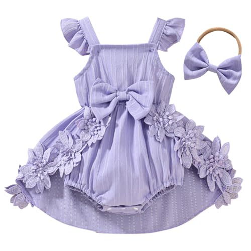 Douhoow Baby Girl Dress Romper Ruffle Sleeveless Bow Front Romper Dress with Headband Infant Girl Summer Clothes