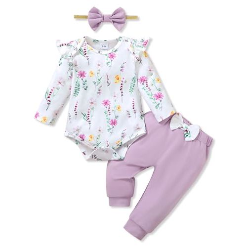 YALLET Baby Girl Clothes Newborn Infant Girl Outfits Floral Romper+Pants+Headband Fall Baby Layettes for Clothing 0-18 Months