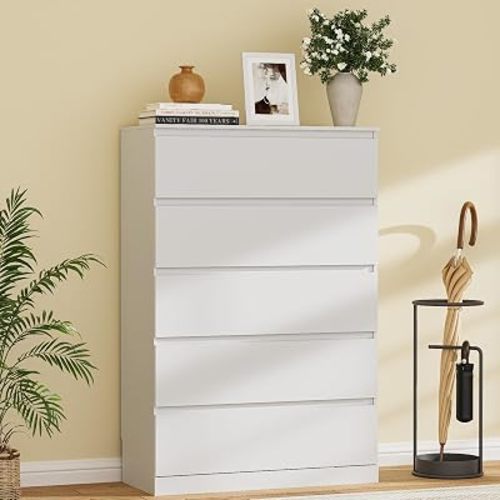 Dresser for Bedroom with 5 Drawers, 14.2" D x 31.5" W x 47.3" H, White