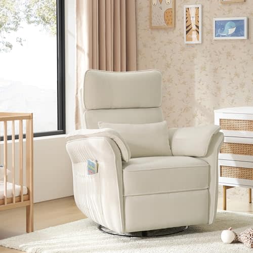 HULALA HOME Nursery Glider Recliner with Adjustable Headrest and Armrests, Power Swivel Rocker Recliner Chair with USB Port and Storage Bags, GREENGARD, FSC, CertiPUR-US® Certified, Beige