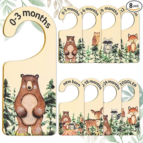 Whaline 8 Pcs Baby Closet Size Dividers Woodland Design Hanging Wooden Baby Closet Organizer Newborn to 24 Months Thicken Babies Wardrobe Organizer for Home Nursery Decor