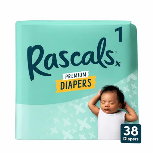 Rascals Premium Disposable Baby Diapers Size 1 (38 Count), Absorbent Core, Up to 12 Hours Protection, Gentle Materials, Secure Fit, Soft Comfort