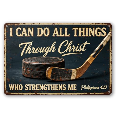 Funny Metal Ice Hockey Signs, Vintage Sports Decor 12x8 Inch | I Can Do All Things Through Christ, Hockey Wall Art for Boys Bedroom Man Cave Sports Pub Party, Gifts for Boys & Mens