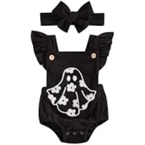 Newborn Baby Girl Halloween Outfit Ruffle Fly Sleeve Ghost Embroidery Romper Corduroy Bodysuit Headband 0-18M