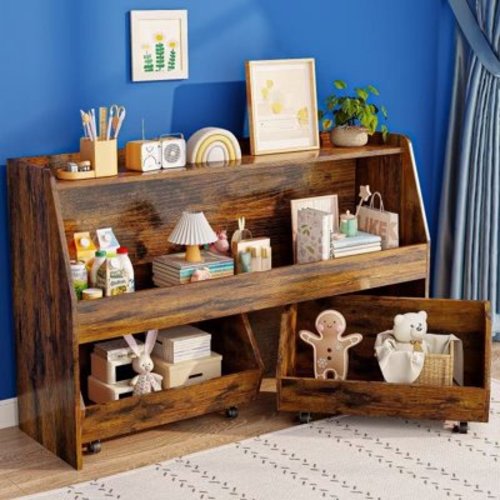 2-Tier Portable Kids Bookshelf with Toy Storage, Toy Organizer W/2 Removable Bins with 4 Wheels(Brown)