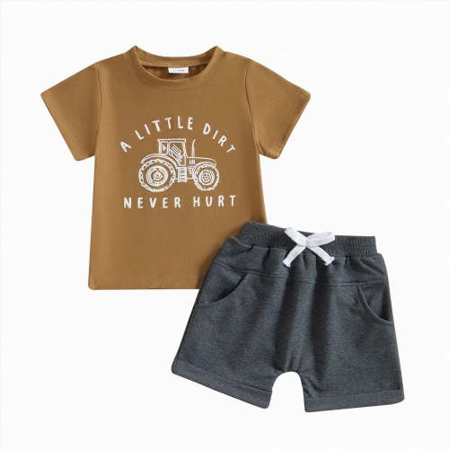 Hessimy Toddler Boy Cotton Cartoon Print Short Sleeve Tshirt and Short Set,Breathable Knit(Coffee,18-24 Months)