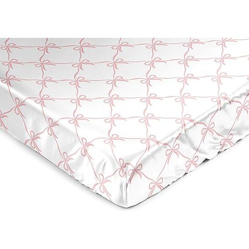 Sweet Jojo Designs Fitted Baby Satin Crib Sheets (Pink Bows) for Girls, Infant Nursery, Toddler Room - Standard Size (Blush and White Bow for The Ballerina, Ballet Dancer, Princess Collection)