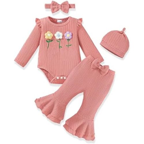 Vibebox Baby Girl Clothes Newborn Preemie Fall Winter Outfits Long Sleeve Ruffle Romper Bell Bottoms Pants Girls Clothing Set