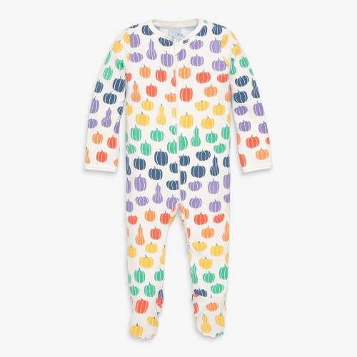 The baby organic zip footie - Ivory / rainbow pumpkins / 0-3