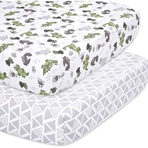 The Peanutshell Dinosaur Fitted Crib Sheet Set for Baby Boys or Girls, 2 Pack Unisex Set