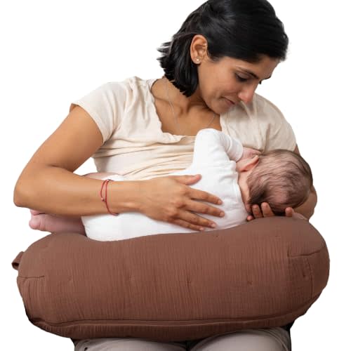Boppy Nursing Pillow, Cotton Muslin Ergonomic Breastfeeding Support Pillow | Bottle & Breastfeeding Pillow, High Lift & Firm Support, Water-Resistant, Washable Cotton Muslin Cover - Chestnut