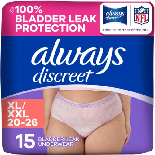 Always Discreet Adult Diapers for Women, Incontinence Underwear, Postpartum Essentials, Disposable Briefs, Max Absorbency, Bladder Leak Protection, Extra Large/XL, 15ct