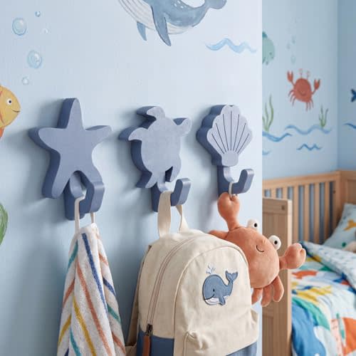 Yinkin 3 Pcs Wooden Sea Animal Wall Hooks, Sea Style Starfish Turtle Shell | Ocean Themed Decor, Shell Turtle Starfish Shapes, Blue Finish for Towels Coats Bags, Wall Organizers for Bathroom Bedroom