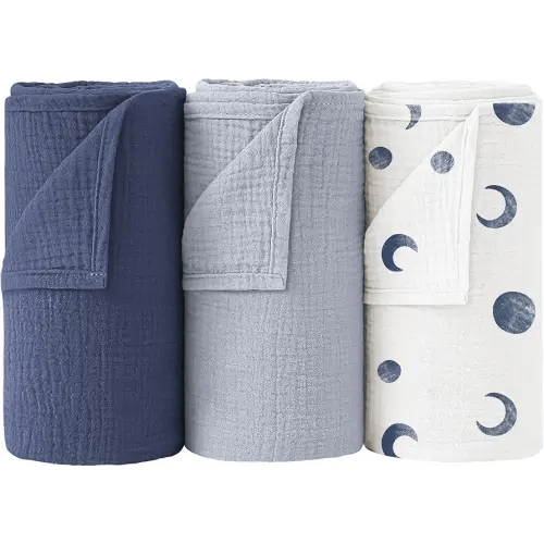 Bearmoss Muslin Swaddle Blankets, 40 x 38 inches Baby Swaddle for Boys and Girls, Soft Baby Blanket, 3 Pack Breathable Nursery Receiving Blankets (Bluemoon)