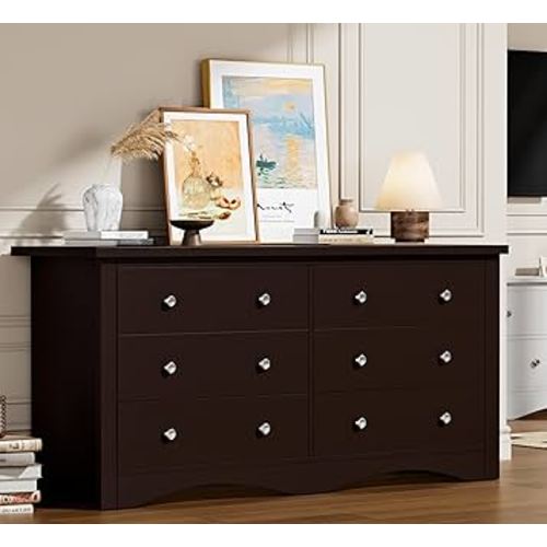 Flamaker Dresser for Bedroom, 6 Drawer Dresser, Wood Dressers, Wide Chest of Drawer, Storage Drawers, Storage Organizer for Closet, Hallway (Brown)