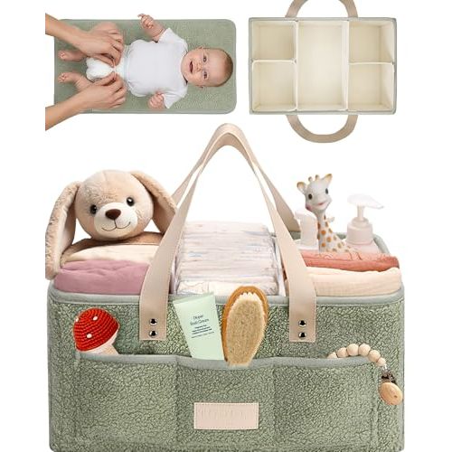 Baby Diaper Caddy Organizer with Portable Changing Mat - Teddy Fleece Diaper Organizer for Changing Table - Basket for Changing Essentials - Baby Essentials Organizer with Removable Dividers