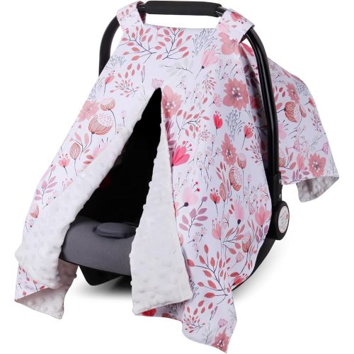 Rquite Car Seat Cover Baby, Carseat Covers Baby Girl, Minky Infant Car Seat Cover Winter, Peekaboo Opening Car Seat Canopy, Multi-use Baby Carrier, Stroller, Nursing Cover, Minky Blanket, Pink Flower