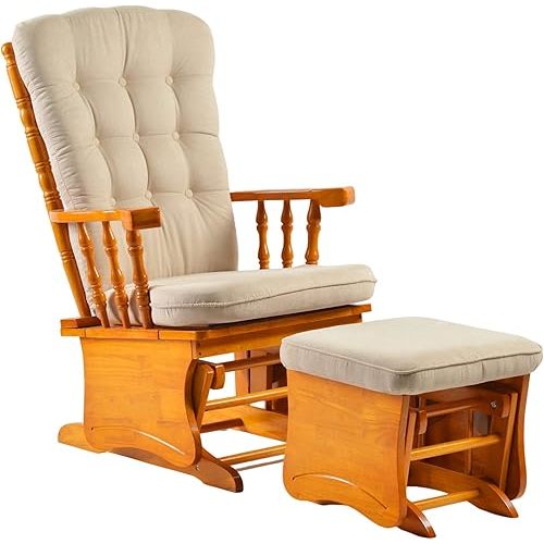 Anti-Pinch Nursery Glider Rocking Chair with Ottoman, Solid Rubber Wood Frame, Silent Smooth Gliding Design, Vintage Carved Armrest for Nursing, Living Room, Bedroom, Oak