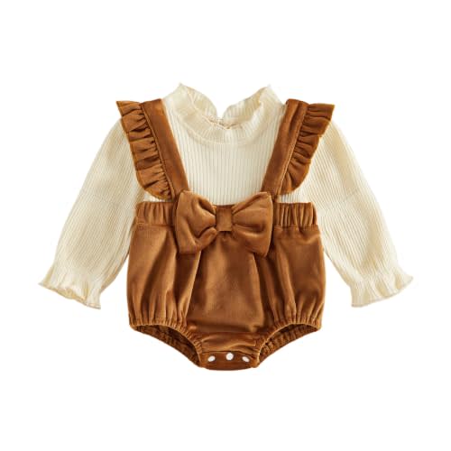 Kuriozud Newborn Baby Girl Clothes Splicing Romper Fall Winter Outfit | Infant Baby Girl Clothes 0-18M, Baby Fake Two Piece Romper with Bow for Photos, Daily, Gift, in Fall, Early Winter, Spring