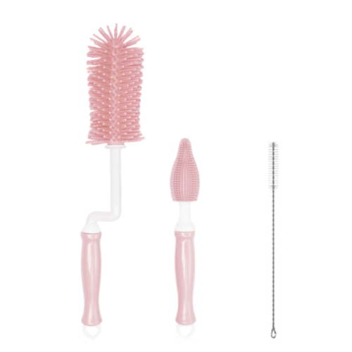 EDHITNR Baby Bottle Brush Set, 3-Piece Silicone Cleaning Brushes for Bottles Straws, Efficient Rotating Brush for Baby Nipples Cups Utensils, Portable Household Cleaner for Babies Toddlers, Pink