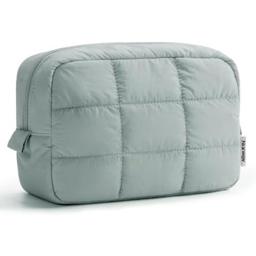 Narwey Puffer Travel Makeup Bag for Women Girl, Quilted Puffy Cosmetic Bag Make Up Bag Organizer, Cute Travel Toiletry Bag for Toiletries (Sage Green)