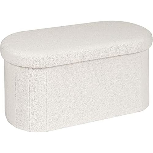 B FSOBEIIALEO Storage Ottoman Bench Boucle Oval Ottomans Foot Rest, Teddy Storage Chest Box Bedroom Bench with Storage, White Cream 76x38x38cm