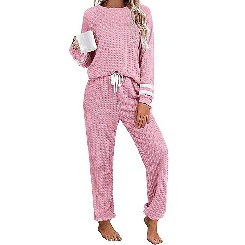 Ekouaer Lounge Sets for Women Ribbed Knit Outfits Pajamas Sets 2 Piece Long Sleeve Sweatsuits with Pockets