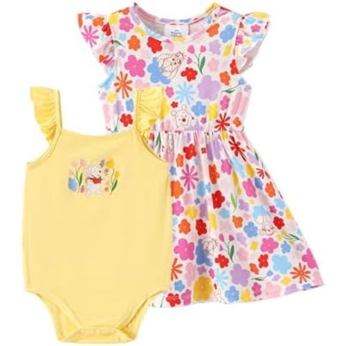 Disney Baby Girls Bodysuit and Round Neck Ruffle Sleeve Dress Clothes Outfit Set for Newborn to Infant