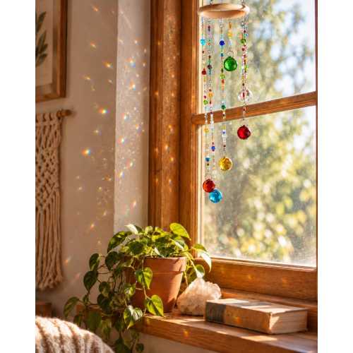 Crystal Sun Catcher with Wooden Ring, Rainbow Maker Window Prism, Handmade Boho Decor