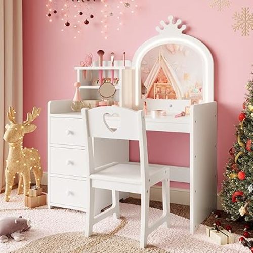 Kids Vanity Desk with Mirror and Lights, White Princess Wooden Makeup Vanity with Chair, Storage Shelves and Drawers, 2-in-1 Girls Dressing Table