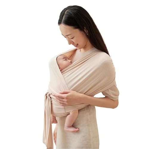 Konny Baby Carrier Flex SoftBreeze with Head Support - Adjustable, Easy to Wear, Hands-Free Breathable Baby Wrap Sling, Perfect for Newborn Babies Essentials up to 44 lbs (M-4XL) - Beige