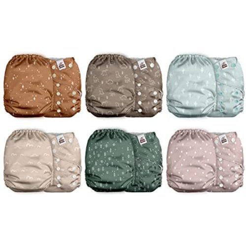 Mama Koala 2.0 Unisex Baby Cloth Diapers with Tummy Panel, Washable Reusable Pocket Diapers, 6 Pack with 6 Bamboo Diaper Inserts (Simply Neutrals)