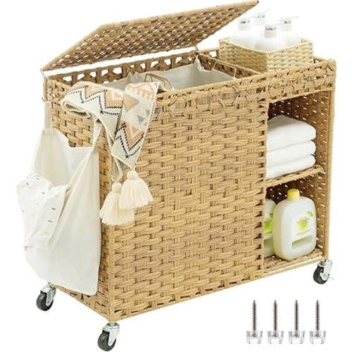 Heybly Laundry Hamper with Wheels, 160L Rattan Wicker Laundry Basket with Lid, Handwoven 2-Section Laundry Hamper with Removable Liner (42.3 Gal), Laundry Sorter with Side Pocket, Natural HLH032N
