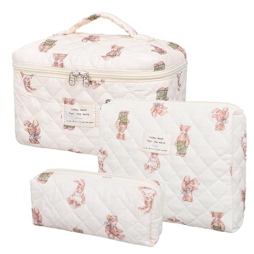 honitty Makeup Bag,Quilted Cosmetic Bag,Large Floral Make Up Bag for Women,Cotton Makeup Bag Set,Flower Travel Toiletry Bag