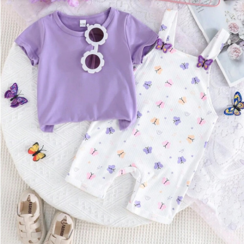 Infant/Baby Girl 2pcs Set: Short Sleeve Round Neck T-Shirt & Fruit & Butterfly Print Button Strap Shorts Casual Cute Outfit, Summer | SHEIN USA