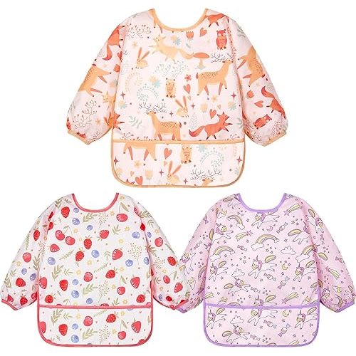 Lictin 3 Pack Baby Bibs for Boy or Girl, Cute Long Sleeve Bib, Waterproof Bibs for Toddlers,Adjustable Closure Baby Smock, Mess Proof Baby Bib, 6-24 Months Reusable Infant Baby Bibs