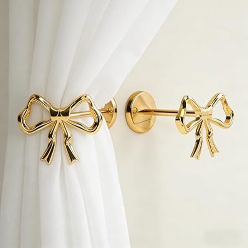Elegant Gold Bow Curtain Holdbacks - 2 Pcs Wall-Mounted Tiebacks for Modern Home Décor | Perfect for Living Room, Bedroom & Office | Stylish Metal Curtain Holders with Screws Included