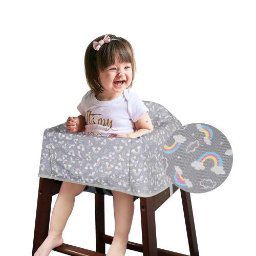 Dual-Belt Baby High Chair Cover, Upgrade Version, for Wooden or Restaurant Chair, Sturdy and Robust Material, Waterproof Washable Stain Slip Resistant, Gray Rainbow