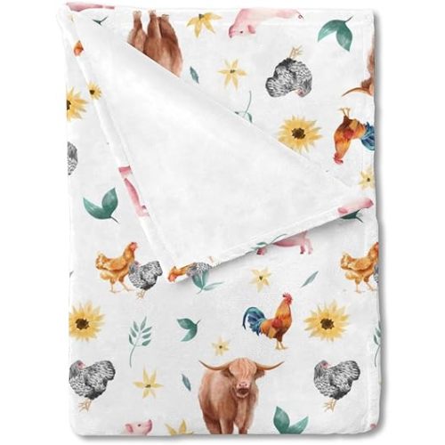 Farm Animals Baby Blankets for Boy Girl Farmhouse Yak Cow Pigs Rooster Hens Sunflowers Swaddle Blankets Farm Life Flannel Soft Receiving Blankets Toddler Newborn Nursery Crib Bed Blankets 40x50