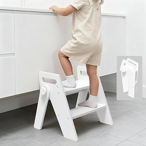 Wooden 2 Step Stool for Toddler Kids Bathroom Foldable 2-Step for Toilet Potty Training, Child Stepping Stool for Kitchen Nursery Bedroom,White