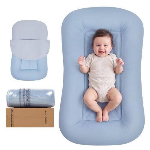 Baby Lounger for Newborn 0-24 Months, Baby Lounger Compliant with 16 CFR 1243, Soft Cotton Portable Infant Lounger for Supervised Awake Time, Washable Cover (Navy Blue), Pallet of Product