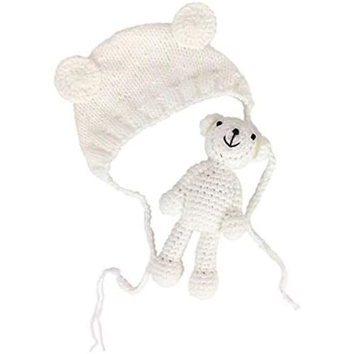 Infant Newborn Baby Bear Handmade Hat Beanie with Bear Dolls Toy Photography Studio Props Crochet Knitted