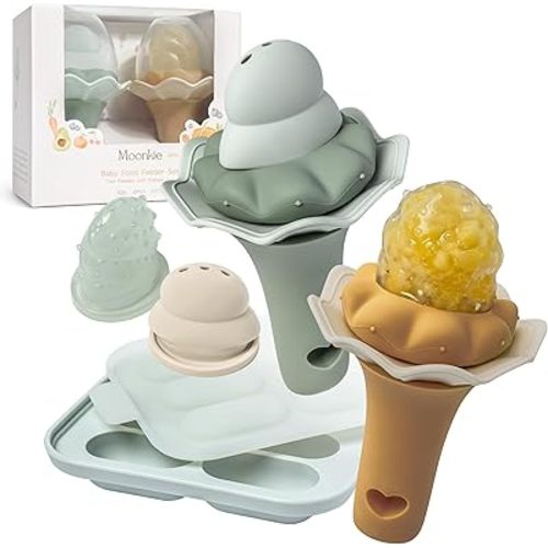 Moonkie Baby Fruit Feeder with Freezer Tray, BPA Free Silicone Food Feeder for Infant Self Feeding, Breastmilk Popsicle Molds, Mesh Feeder with Two Pouches, Baby Shower Gifts 4 Months+, 2 Pack