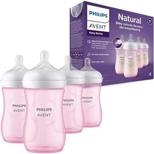 Philips Avent Natural Baby Bottles with Natural Response Nipples (Medium Flow, Flow 3), 9oz, Pink, 4-Pack, SCY903/14