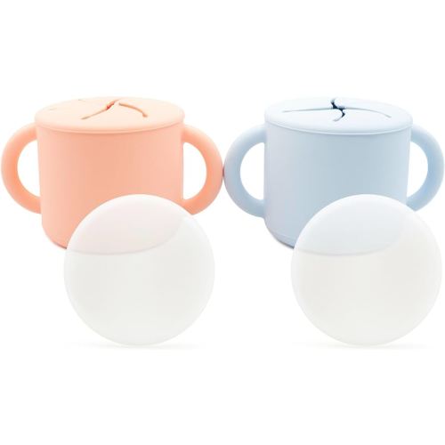 WeeSprout Snack Containers, Food Grade Silicone Cups, Spill-Proof Tops For Toddlers and Babies, Premium Hard Plastic Travel Lids, Dishwasher Safe, Set of 2 Snack Catchers