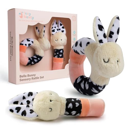Bella Bunny Baby Rattle Toys - Rattles for Babies 0-6 Months High Contrast Baby Toys for Newborn Gifts - Ultra-Soft Sensory Toy Stick and Circle Baby Rattles 0-6 Months (2-Pack)