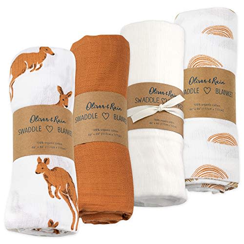 Oliver & Rain Organic Muslin Baby Boy Swaddle Blankets 4 Pack Receiving Blanket, Kangaroo, Sunset Print-Brow