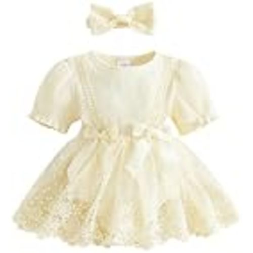 Douhoow Baby Girl Lace Dress Short Sleeve Baby Romper Dress Flowers Mesh Infant Girl Summer Clothes with Headband