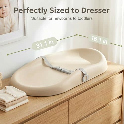 Mallify Baby Changing Pad with Waterproof and Non-Toxic Surface, Changing Table Pad with Adjustable Safety Belt, Easy-Clean & Portable Changing Pad for Dresser(Beige)