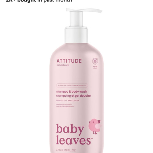 ATTITUDE 2-in-1 Shampoo and Body Wash for Baby, Fragrance-Free EWG Hypoallergenic Plant- and Mineral-Based Ingredients, Vegan and Cruelty-Free, Unscented, 16 Fl Oz